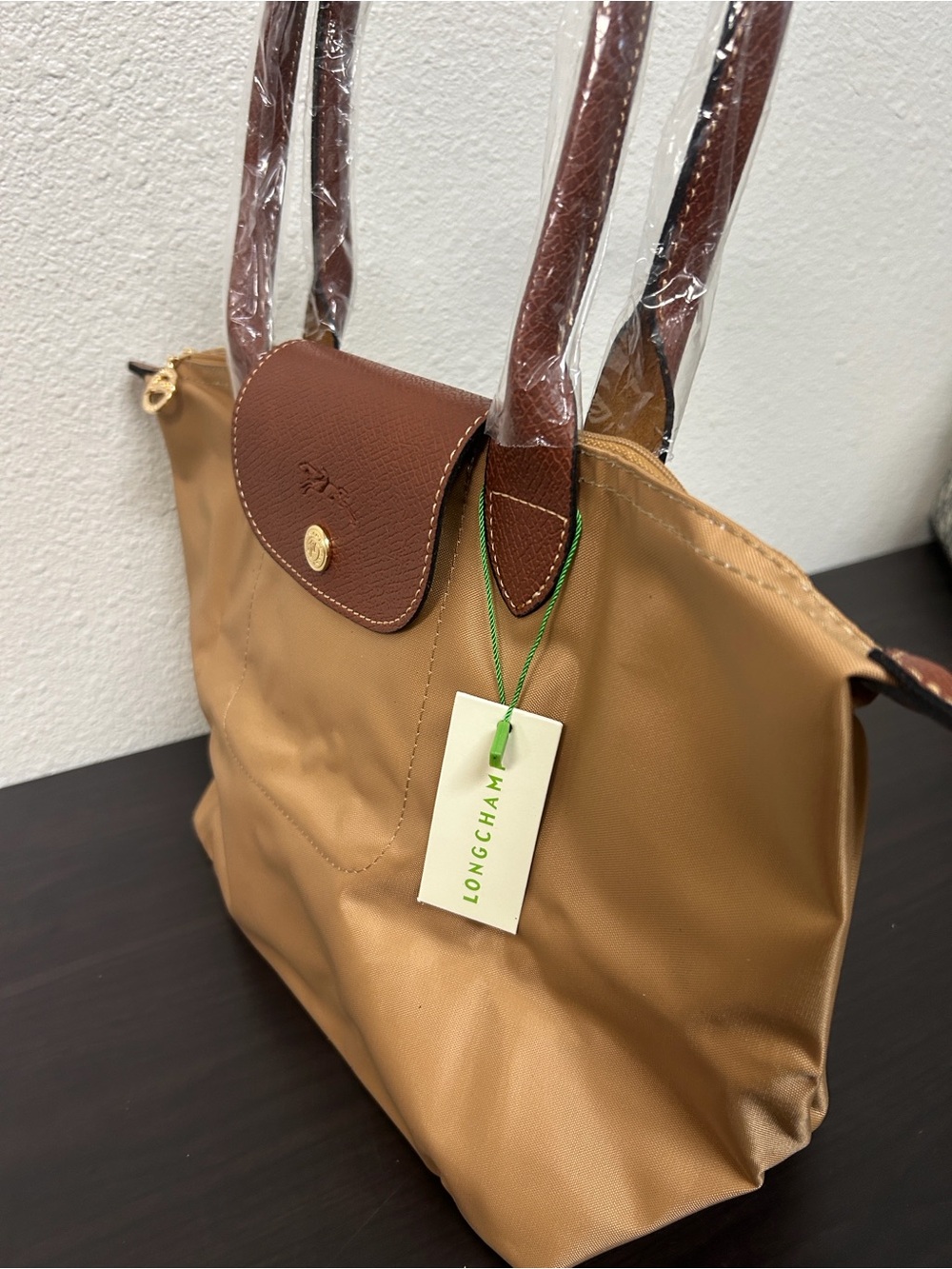 Longchamp Nylon Tote in Camel with Brown Trim